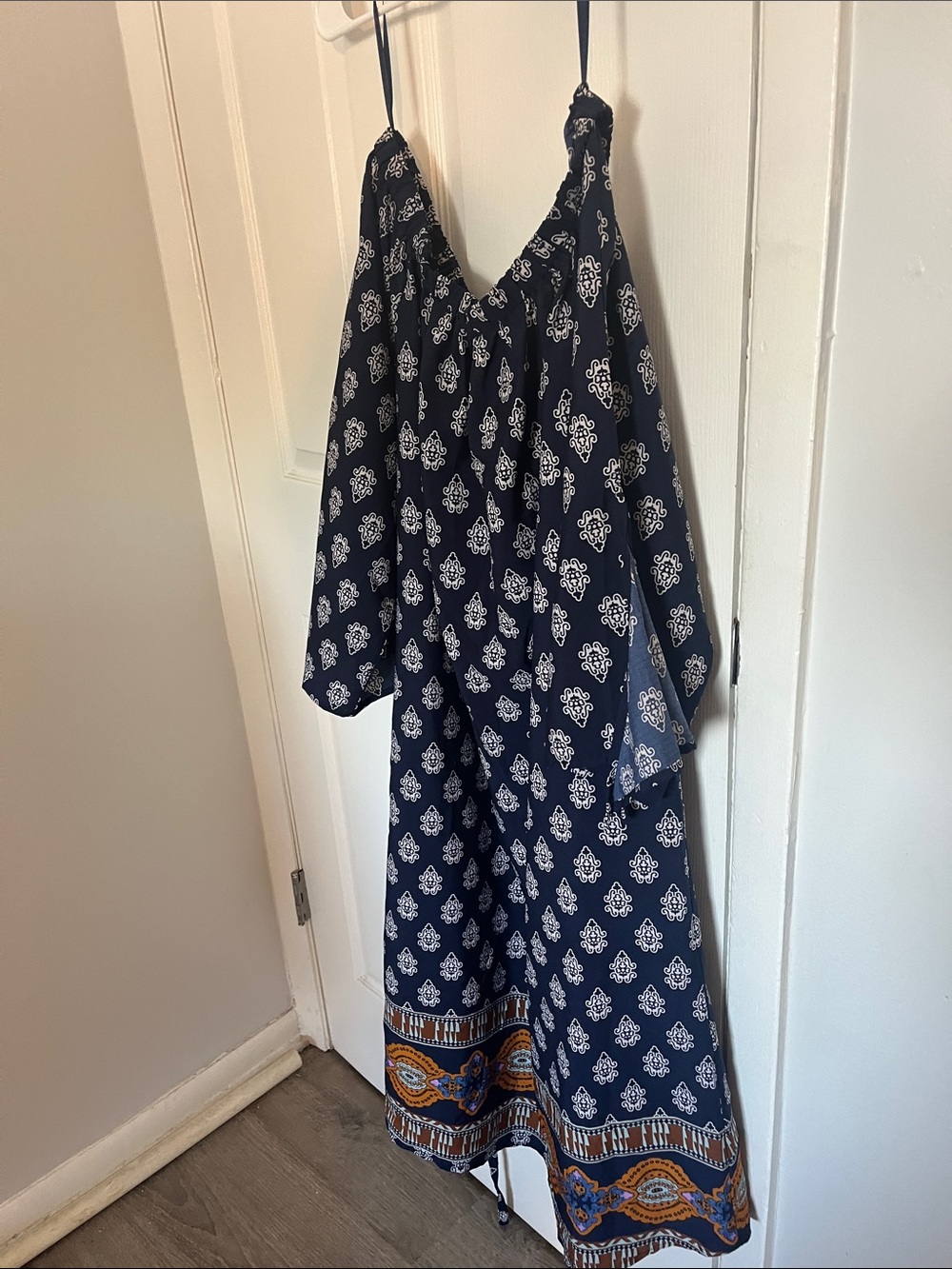 Speed Control Boho Navy & White Printed Midi Dress off the shoulder size 2X